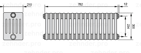 Схема (чертеж) Радиатор Zehnder Charleston 6030/17 №7610 Белый глянцевый RAL 9016